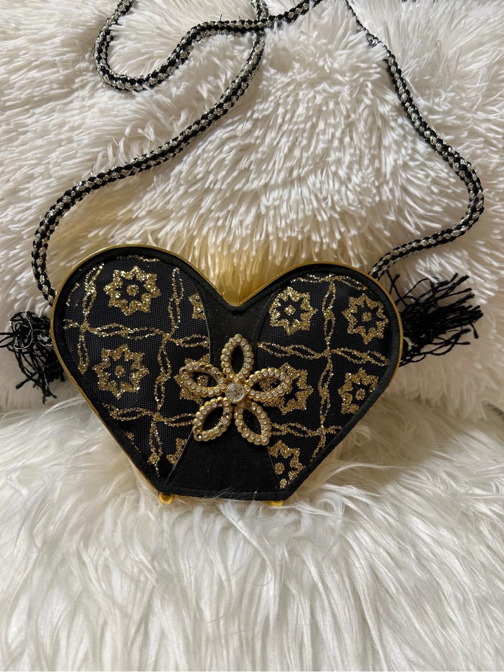 Elegantly Embellished Black & Gold Heart Crossbody Bag